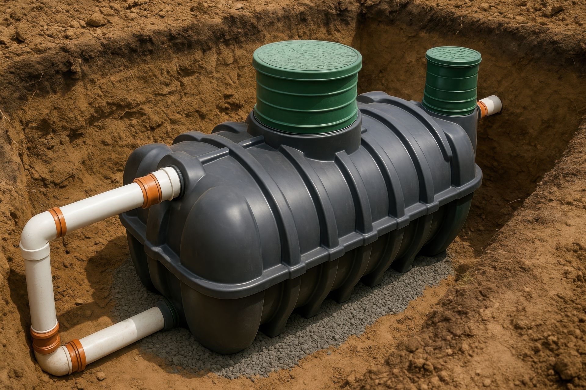 Schwarzer Abwassertank aus Kunststoff mit Anschlüssen, eingebaut in vorbereiteter Erdgrube